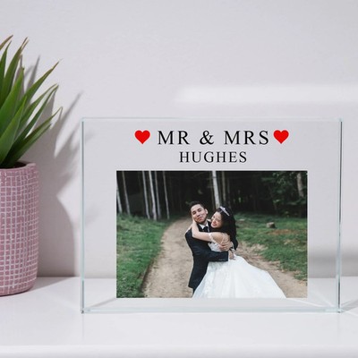 Personalisierter Mr & Mrs Glas Rechteck Querformat Block UV Druck Hochzeit Geschenk 