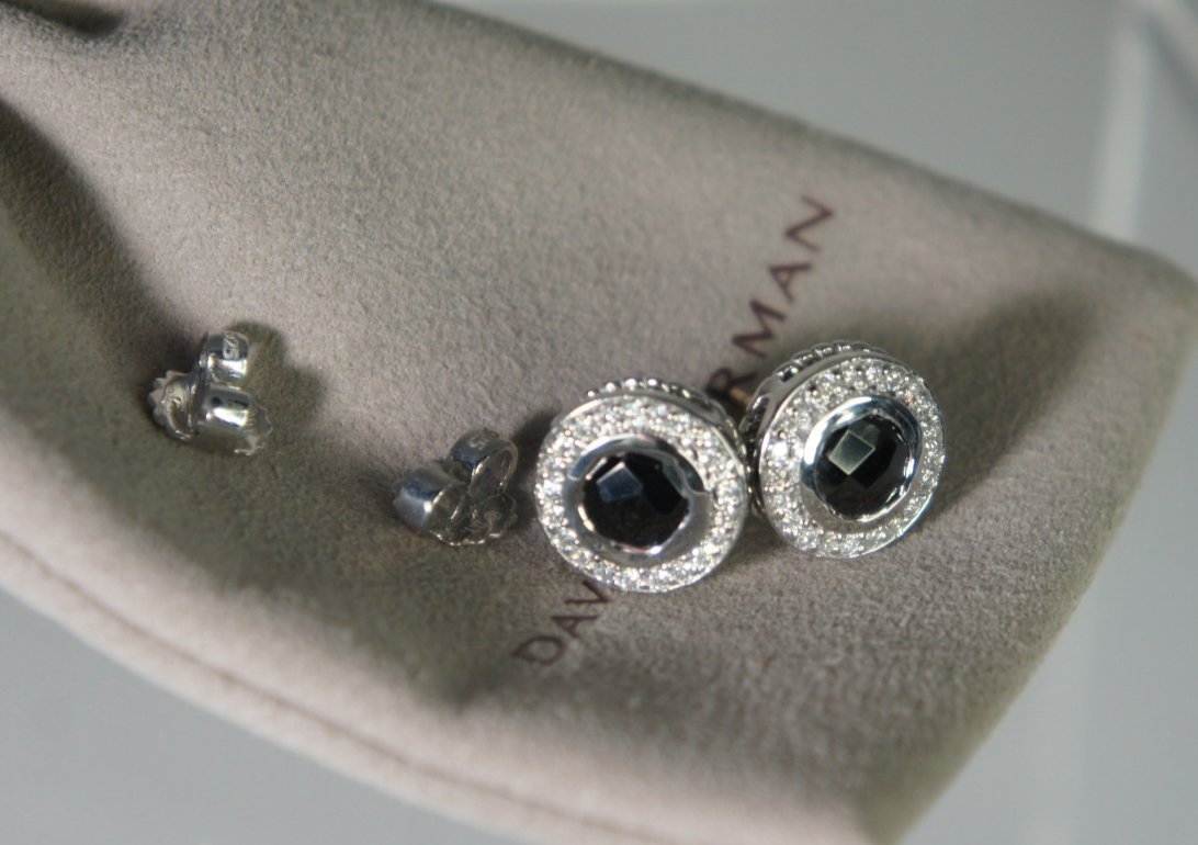 David Yurman 925 Silver 585 Diamond Black Onyx Cerise Halo Earrings DY Pouch