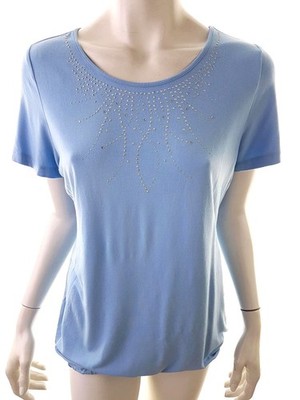 BONMARCHE Damen Bluse Gr. 44 Blau Kurzer Ärmel Perlen Runder Ausschnitt