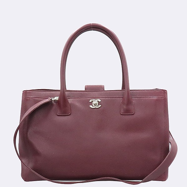 Chanel A15206 burgundy color calfskin silver logo surf tote bag + shoulder strap