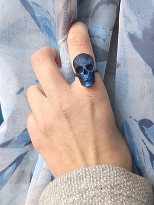bold hex studio Black Blue Resin Skull Band Ring Adjustable No Stone Metal
