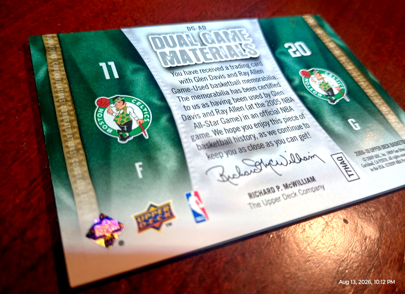 2009-10 Upper Deck Dual Materials Game used Jersey Relic Card Boston Celtics NBA view 5