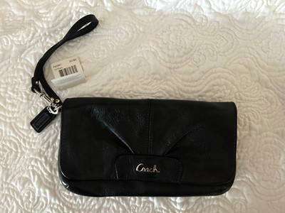 Coach Ashley Leather Black Large Pleated Front Flap Wristlet Clutch Purse