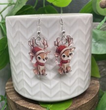 2 Silver-tone Acrylic Dangle Earring Set New Free Ship Reindeer B8970