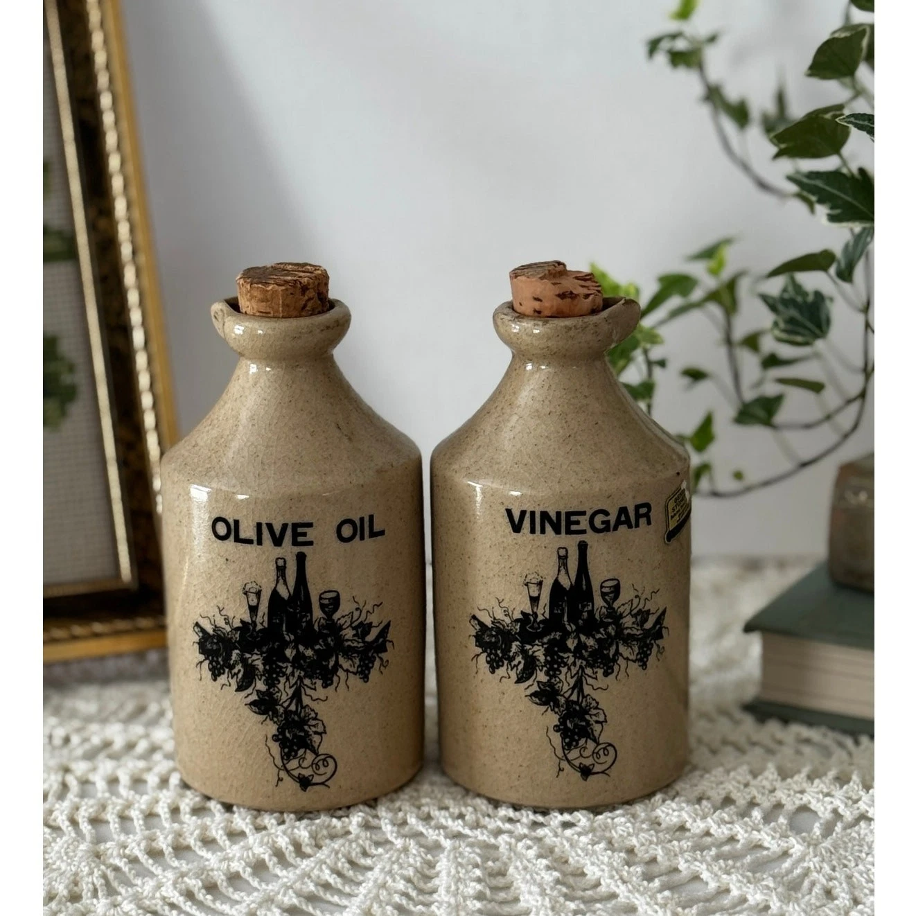Oil and Vinegar Stoneware Set | Vintage Oil and Vinegar Bottle Set | Farmhouse