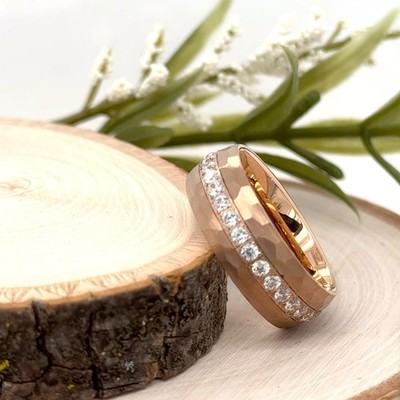 8mm Rose Gold Tungsten Carbide Statement Ring Hammered CZ Channel Set Band