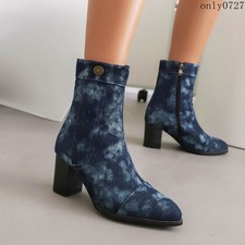 Vintage Women's Denim Jeans Ankle Boots Mid Block Heel Western Shoes Oversize