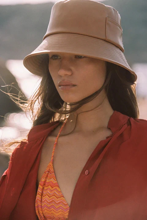 LACK of COLOR Tan Beige Faux Vegan Leather Wave Bucket Hat w  display picture 1
