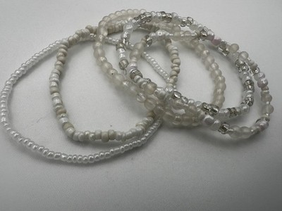 Handmade White/Cream Elastic String Seed Bead Bracelets Stack Set of 5