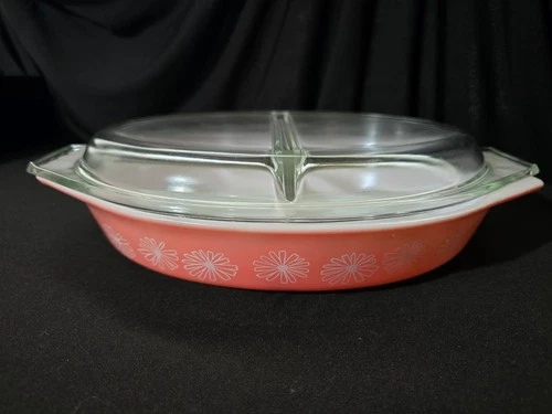 Vintage Pyrex Pink Daisy 1.5 Qt Oval Divided Casserole Dish & Lid