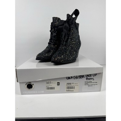 YRU Womens Aura Glitter Heeled Boots Witch Moon Lace Up Sparkle Goth Size 9 NIB