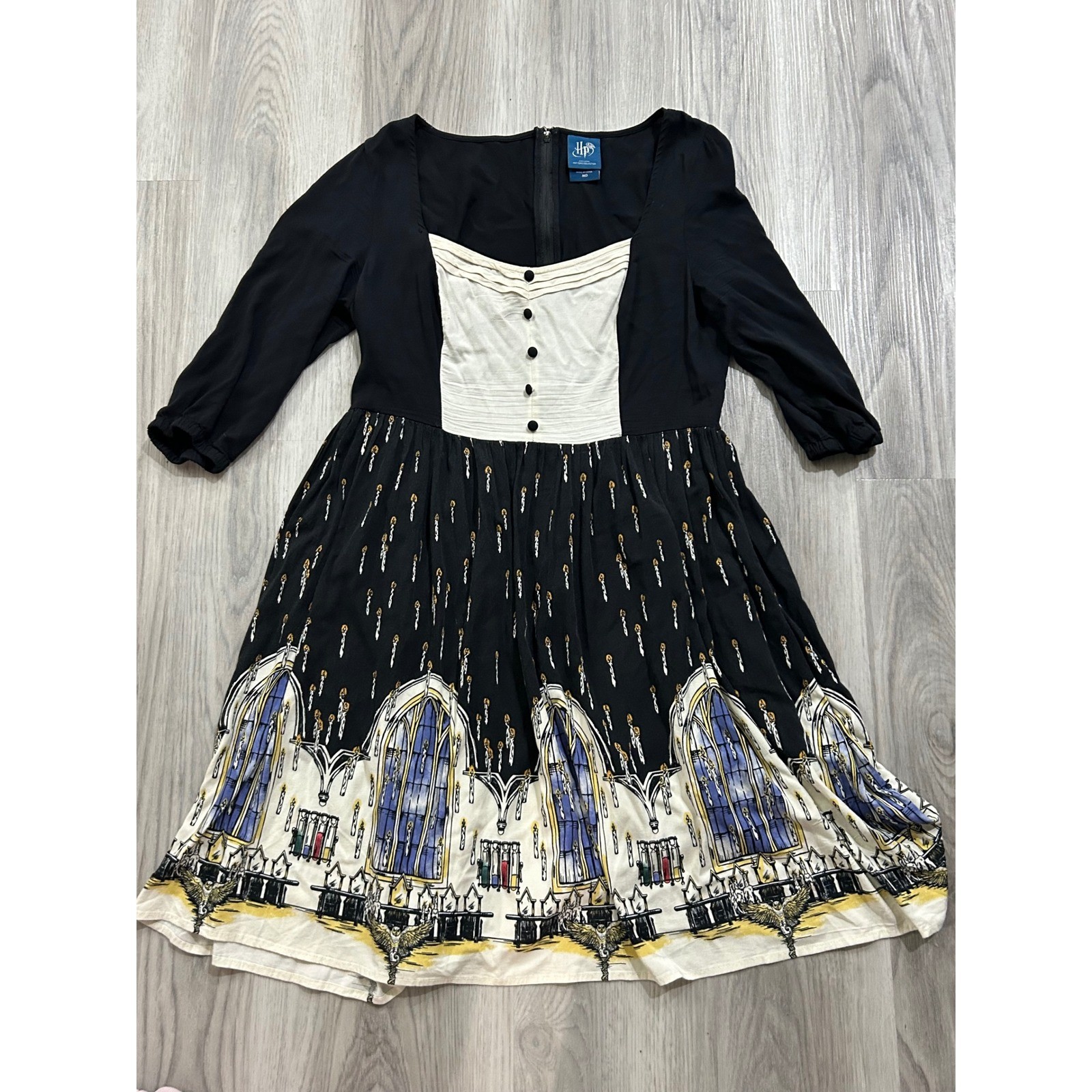 Harry Potter Hot Topic Great Hall Border Print Dress Black Cream universal movie