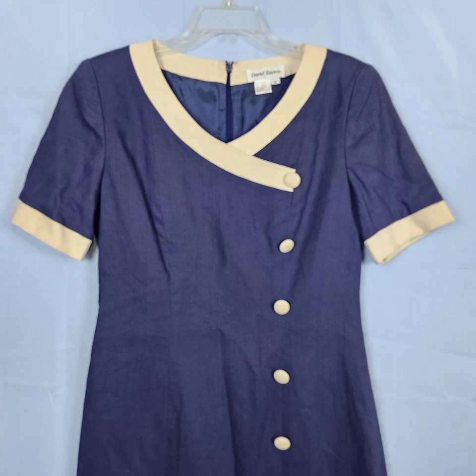 Vtg 80s? Sailor Stewardess Retro Linen Blend David Warren Dress Faux Wrap Sz 8 - Image 2 of 4