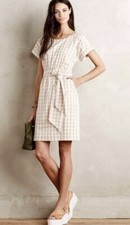 Anthropology HD Paris Beige White Gingham Waist Tie Sheath Dress Sz 4