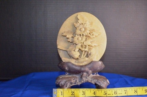 Chinesischer Speckstein geschnitzte Skulptur mit Ständer Vogel- und Blumenrelief detailliert - Bild 2 von 11