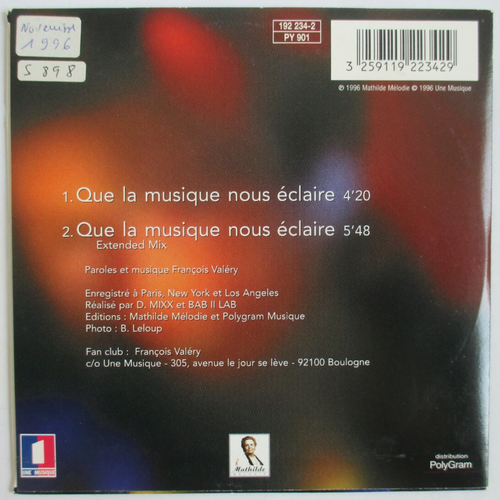 FRANÇOIS VALÉRY - CD SINGLE "QUE LA MUSIQUE NOUS ÉCLAIRE" (EXTENDED MIX) - Imagen 2 de 2