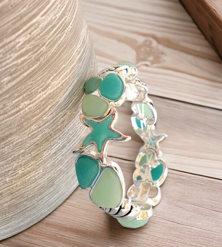 Silver and Green Seaglass Stretch Bracelet with Sea Life Charms. Great Gift Idea - Picture 2 of 6