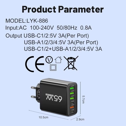 Chargeur Rapide 6 Pris Mâle 6 x Port USB 65W Adaptateur Secteur Téléphone Tablette - Photo 3 sur 18