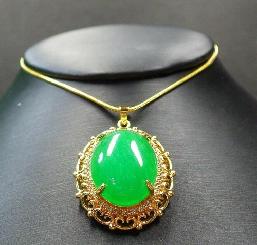 Yellow Gold Plated Green Jade Imitation Diamond Cabochon Flower Pendant Necklace - Picture 2 of 10