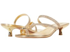 MICHAEL KORS Letty Mid Women Gold Open Toe Striped Mules Mini Heel Sandals Sz 11