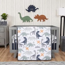 Dino White Blue 3piece Crib Bedding Comforter, Fitted Sheet, Bedskirt