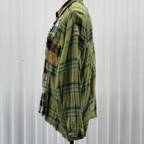 Audrey Lane 1X Mixed Plaid Flannel Shirt Jacket Oversized Grunge Distressed Boho - Picture 2 of 11