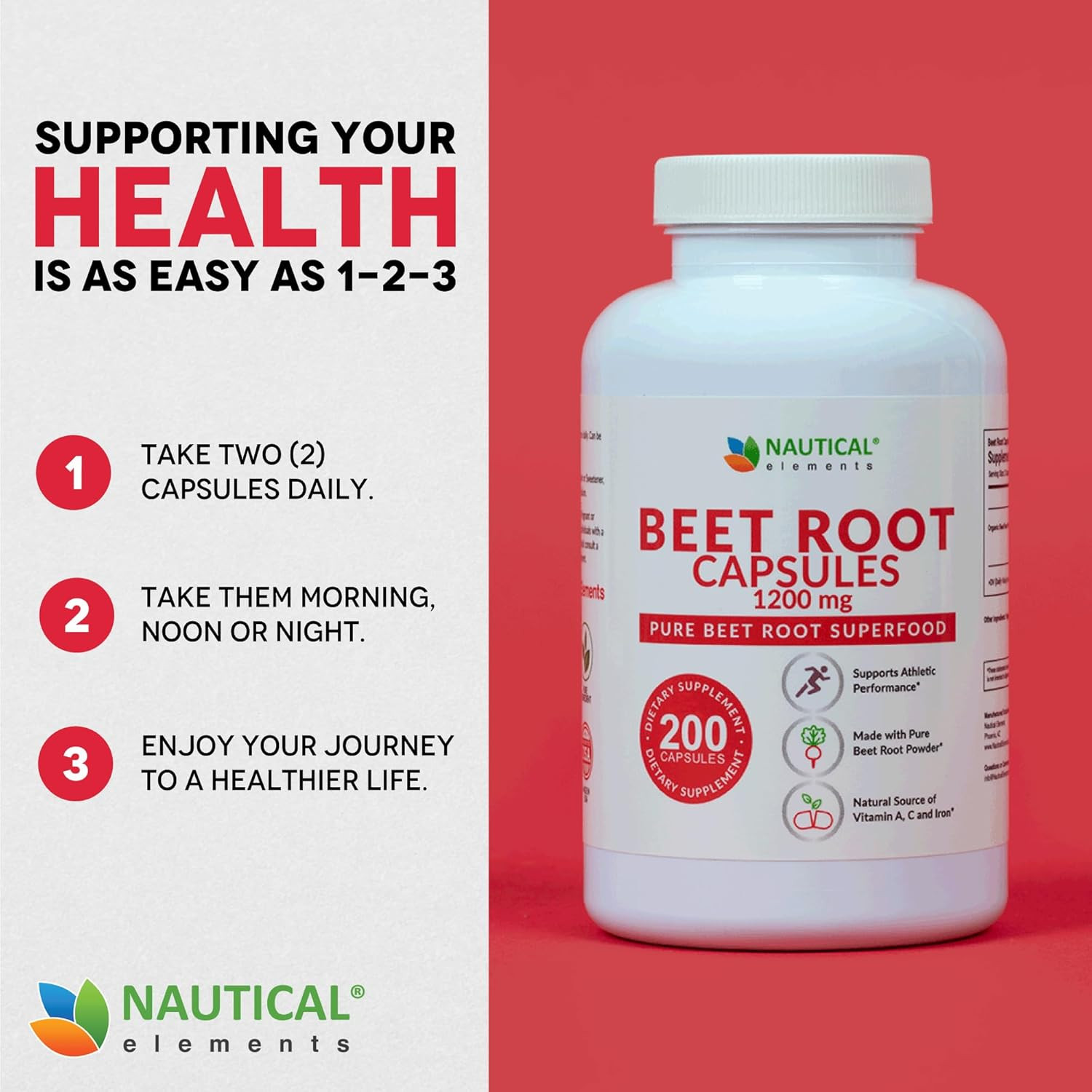 Beet Root Capsules – 1200mg, 200 Capsules – Supports Blood Pressure, Performance