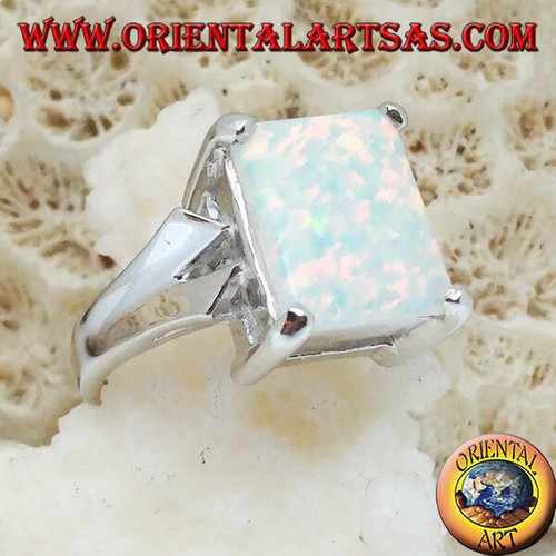 Bague en Argent 925‰ Opale Blanc Rectangulaire Carats Avec V sur les Deux Côtés - Imagen 2 de 11