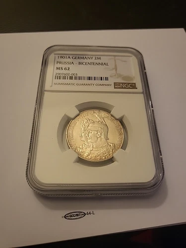 GERMANY-PRUSSIA- 1901 A-2 MARK-.900 SILVER BU- WILLIAM II- Bicentennial NGC MS62