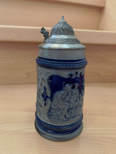 sk- Bierkrug 0,5 l mit Zinndeckel Steingut "Der erste Zug nie lang genug"