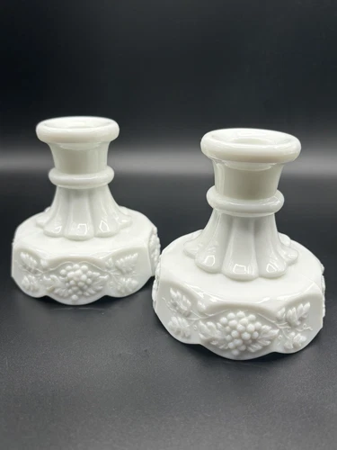 Westmoreland Candlestick Candle Holders Paneled Grape Milk Glass Pair 4" Vtg