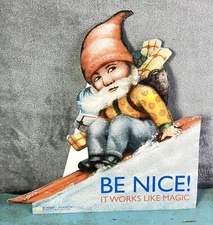 Vintage BE NICE ELF SOAP Display Counter Cardboard Sign Easel Back Sled Die Cut