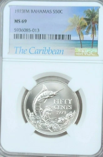 1973 BAHAMAS SILVER 50 CENTS S50C BLUE MARLIN NGC MS 69 BEAUTIFUL TOP POP