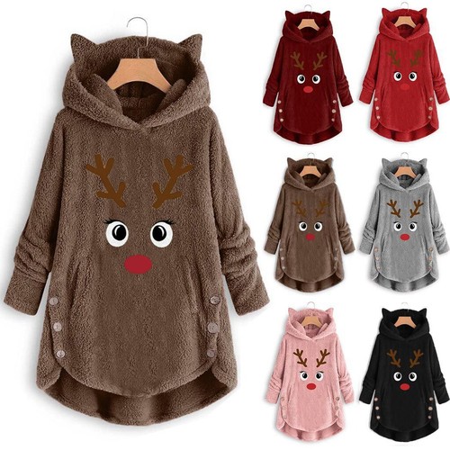Cozy Fluffy Women's Christmas Sweatshirt With Able Elk Pattern And Cat Ear - Picture 5 of 15