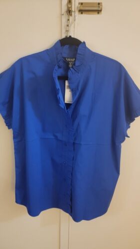 Lauren Ralph Lauren Women's Shirt Button Down Short Sleeved Linen Blue XL-New