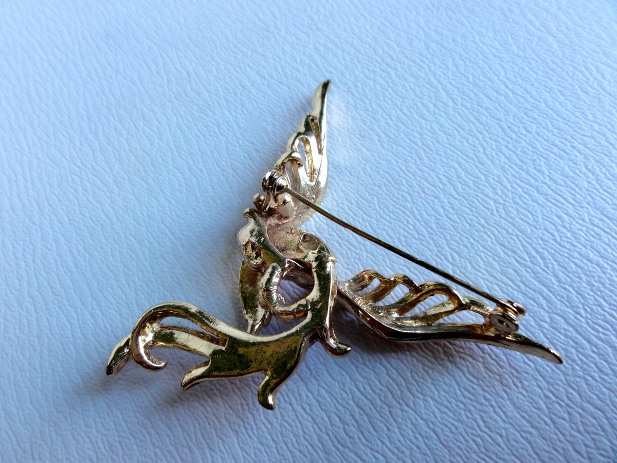 Broche Ancienne Oiseaux De Paradis - Métal Doré Laqué Noir & Rouge Avec Strass - XXème Siècle
