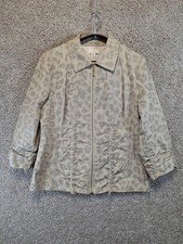 Chico's Jacket Womens 0 Gray Lined Leopard Print Ruched Front Collared Zip Up