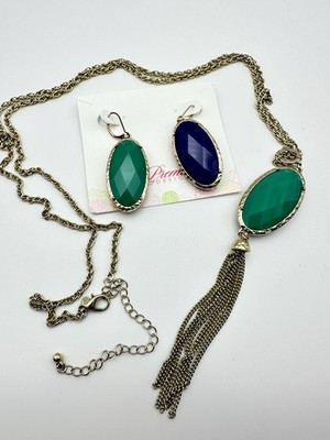 Premier Design CECE Necklace Earring Set Gold Plated Teal And Blue Reversible 