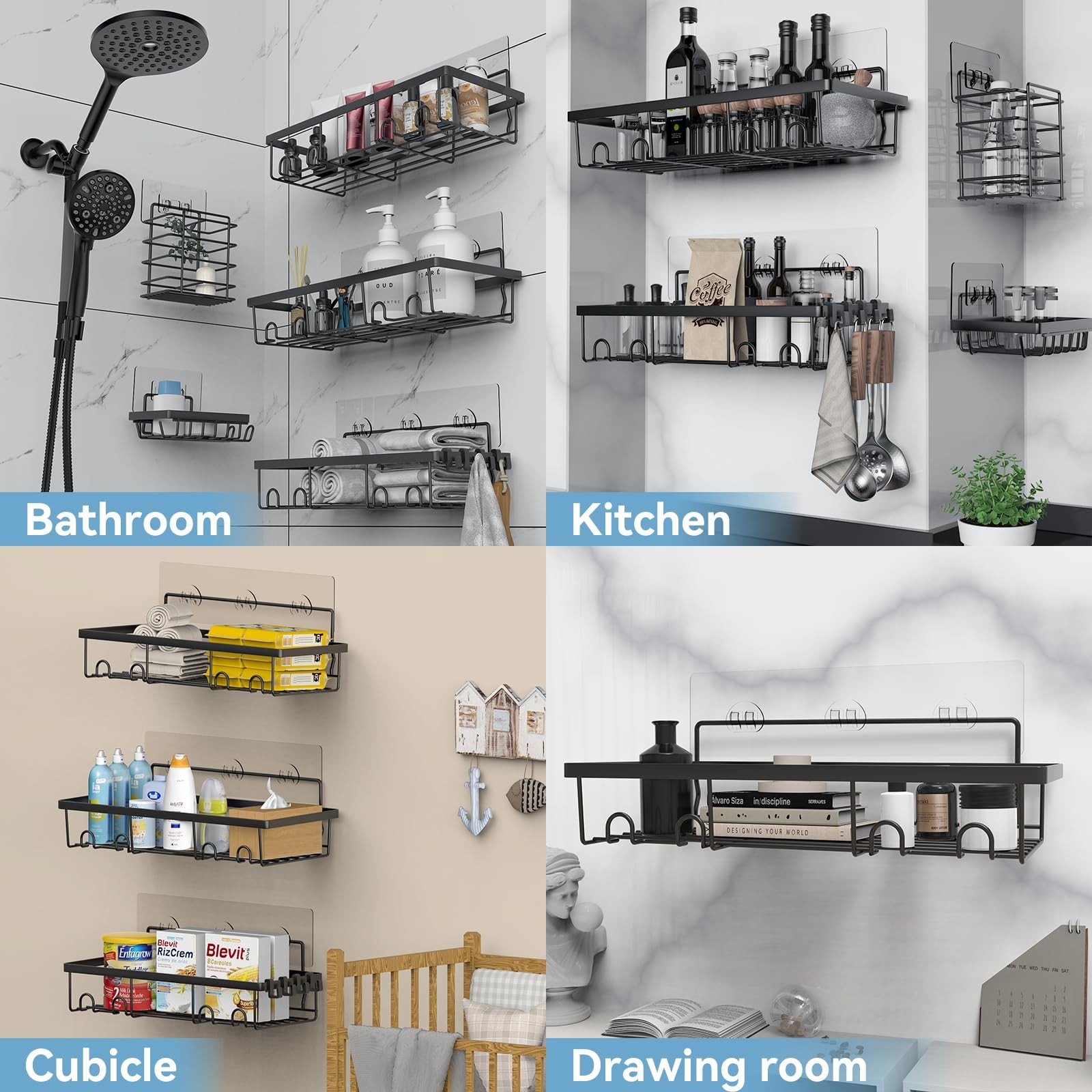 5 Pack Shower Caddy Adhesive Organizer for Bathroom & Kitchen Large Capacity