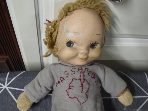 MUÑECA ANTIGUA 'MASSAPEQA' CARA GOMA COSIDA A MANO 14" HECHA A MANO - Imagen 2 de 6