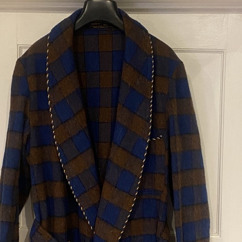 Vintage Lloyd Size M Mens Wool Dressing Gown Robe Blue Brown Check Belt Pockets - Picture 15 of 24