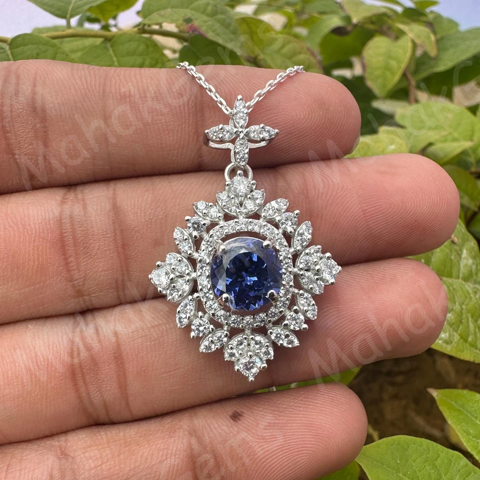 Precioso colgante de zafiro azul natural certificado 32 quilates en plata de ley 925 59 Foto 4 de 4