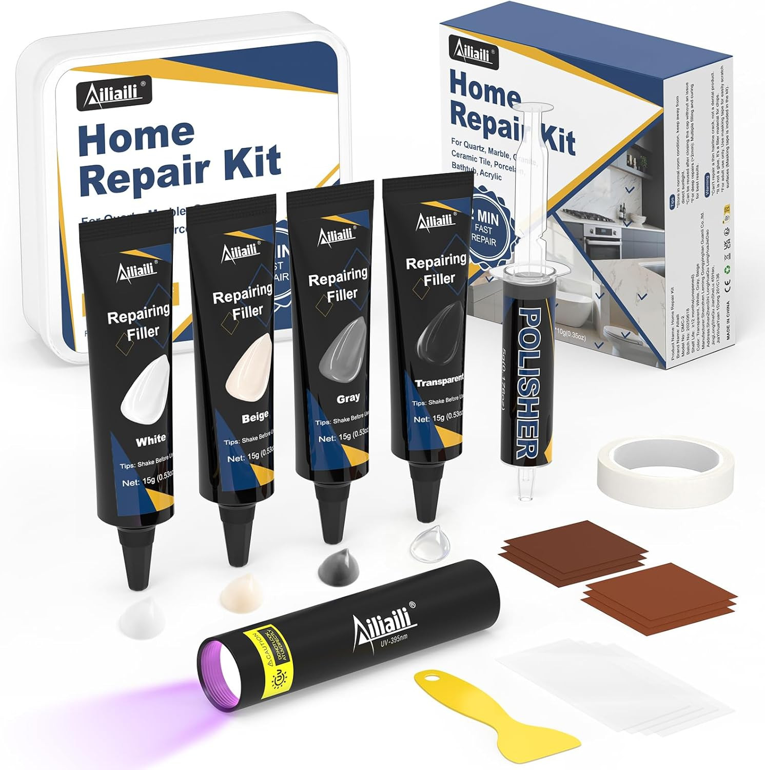Quartz Countertop Repair Kit, Granite & Marble Repair Kit with 4*15G Filler(Whit