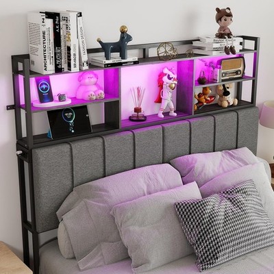 54.8'' Tall Headboard Queen Size with 3-Tier Storage Shelves Linen Upholstered He