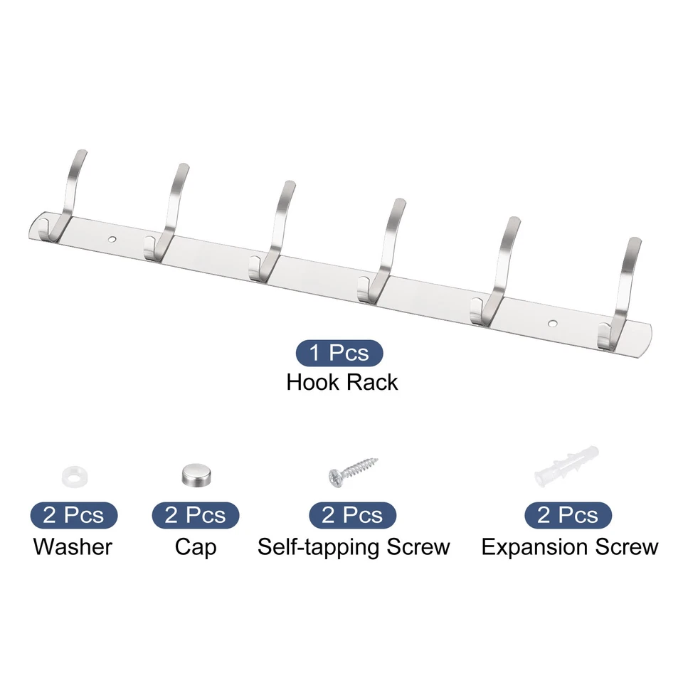 Coat Hook Rack Wall Mounted with 6 Hooks Hook Rail Wall Hangers Silver Foto 3 de 4