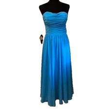 OKDress Strapless Evening Gown Wispy Pleated Blue Chiffon Classic Goddess Dress