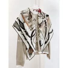 Sallys 70% Cashmere & 30% Silk Scarf Carriage Print Hand Rolled Square Shawl 35"