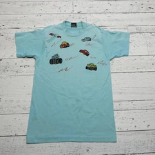 VINTAGE Screen Stars Best Shirt Mens Medium Blue Cars Single Stitch Made USA 90s