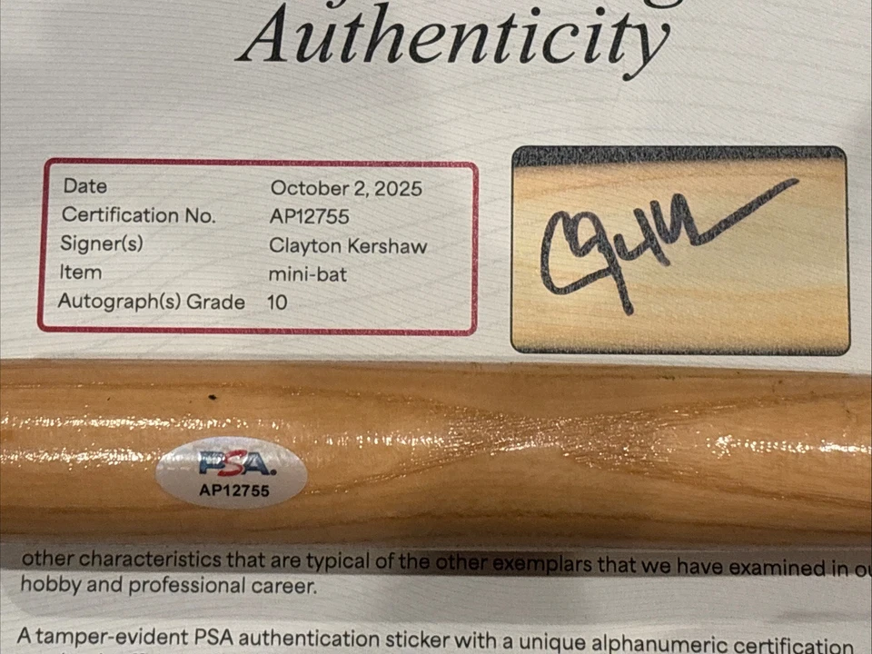 Clayton Kershaw Signed Dodgers Mini Louisville Slugger Bat PSA Gem 10 Auto Auth - Image 4 of 4