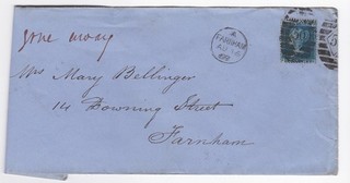 1868 QV FINE 2d BLUE STAMP PL9 ON OLD JEWRY COVER TO FARNHAM 8.5 x 3.5 INCH